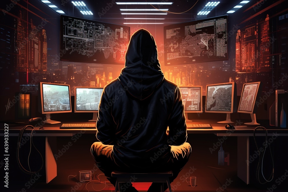 Poster Drawing of hacker sitting at computer.