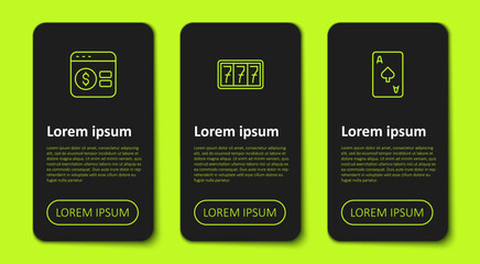 Set line Online poker table game, Slot machine with jackpot and Playing card spades symbol. Business infographic template. Vector