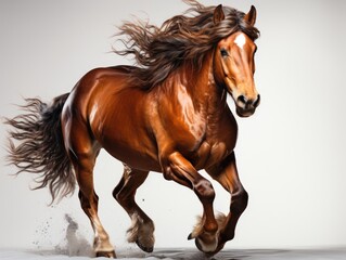 Arabian stallion in motion on gray background. Studio shot. 