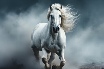 Obraz na płótnie Canvas White Arabian horse galloping in dust and smoke on dark background, side view