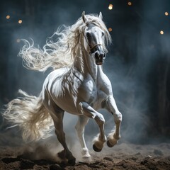 White Arabian horse galloping in dust and smoke on dark background, side view