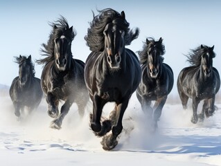 Obraz na płótnie Canvas Black friesian horses running in the snow in winter, Czech Republic, Europe