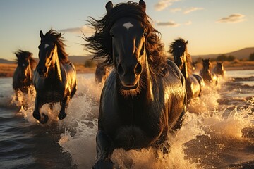 Herd of friesian horses running in the water at sunset in the desert - obrazy, fototapety, plakaty