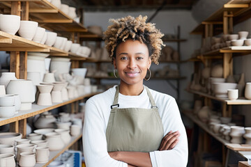 Portrait of a successful and satisfied woman owner of a pottery workshop