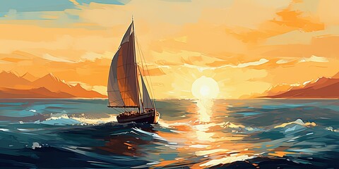 Sailboat in the sea with the evening sunlight, digital art style, illustration painting - obrazy, fototapety, plakaty