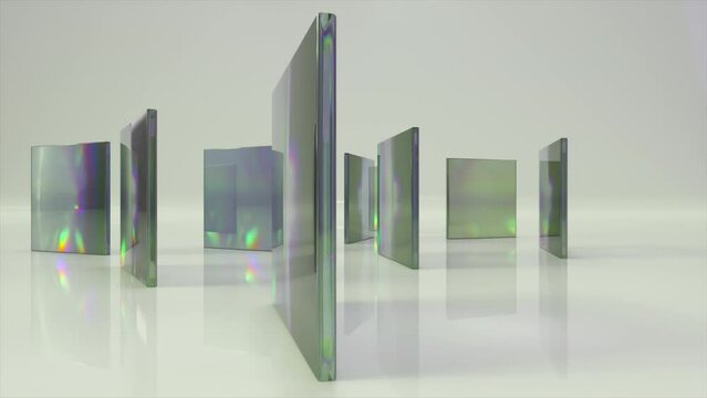 Colorful translucent glass blocks spin and rotate on white background lenses. 3d animation of seamless loop