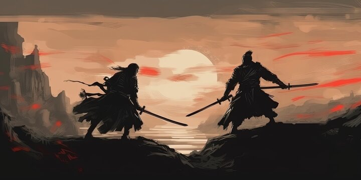 Scene of two samurais in duel on the cliff, digital art style, illustration painting