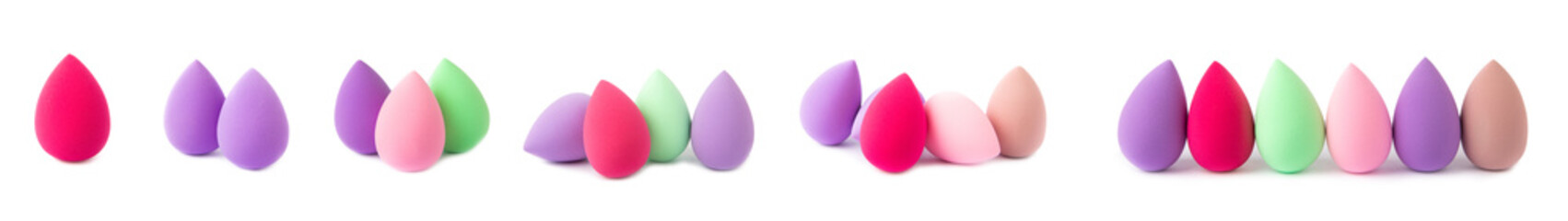 Beauty blender isolated on white background.Bright sponges for make-up cosmetics. Makeup products. Beauty concept. Design. Collage.MOCKUP. 