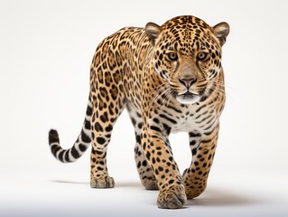Leopard standing in front of a white background and looking at the camera