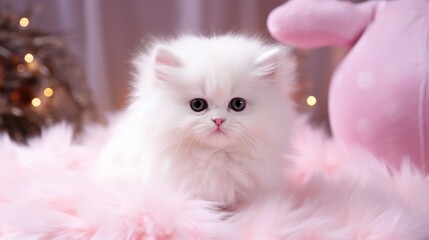 Cute little persian kitten on pink fur in room decorated for Christmas