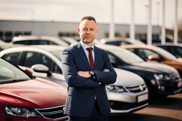 manager of car dealership against background of cars