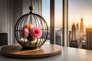 cage with birds and flowers