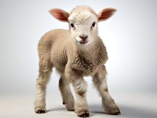 Fototapeta premium Studio portrait of a young lamb standing on gray background with copy space