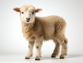 Studio portrait of a young lamb standing on gray background with copy space