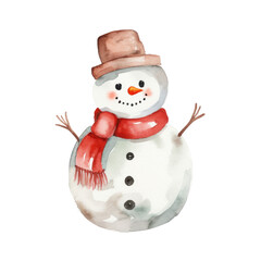 Snowman watercolour illustration. clipart for design. Christmas elements. isolated on transparent background. Generative ai..