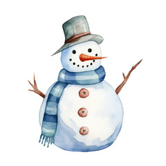 Snowman watercolour illustration. clipart for design. Christmas elements. isolated on transparent background. Generative ai..