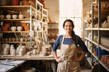  Portrait of a successful and satisfied woman owner of a pottery workshop