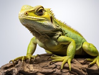 Obraz premium Close-up portrait of a bearded dragon on a gray background.
