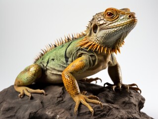 Fototapeta premium Close-up portrait of a bearded dragon on a gray background.