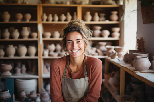 Portrait of a successful and satisfied  woman owner of a pottery workshop