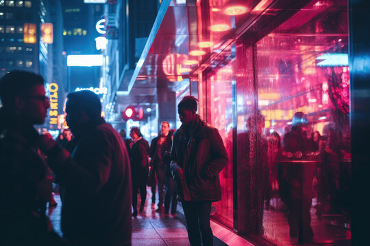 People under the neon lights of the city at night 