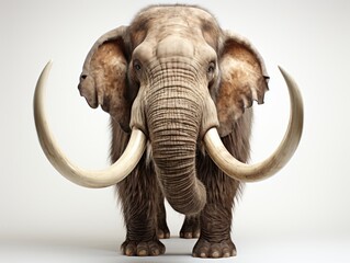 Obraz premium 3D rendering of a woolly mammoth isolated on a white background. Funny mammoth with long horns on white background. 3D illustration.