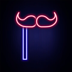 Glowing neon line Paper mustache on stick icon isolated on brick wall background. Concept with cardboard carnival mask. Mask for a photo shoot. Colorful outline concept. Vector