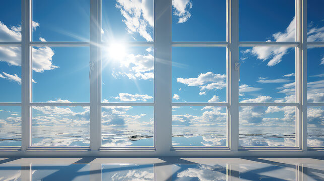 New clear white open PCV windows with sunny blue sky and clouds behind it. Minimal backdrop. 