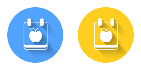 White Diet plan icon isolated on isolated with long shadow background. Concept of fitness marathon, proper nutrition, healthy food, beautiful body, vegetables, slimming. Circle button. Vector