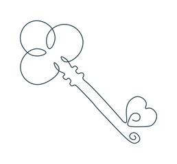 Key with heart in single continuous line. One line drawing. Line icon. Old key. Metaphor key from heart. Simple doodle illustration on white isolated background.