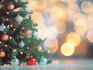 Fototapeta na wymiar Christmas Tree With gold Baubles against Christmas lights.