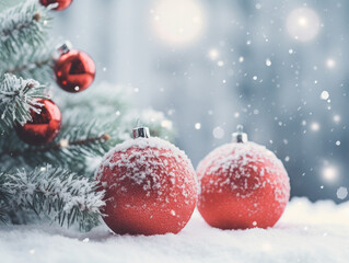 Fototapeta na wymiar Red balls with evergreen tree winter snowy background