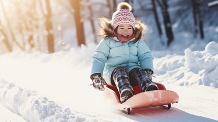 Little girl riding on snow slides in winter time