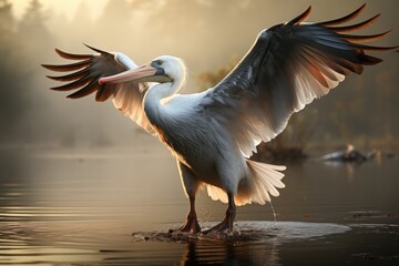 Fototapeta premium Great White Pelican (Pelecanus onocrotalus) in the foggy mystic forest, on the lake. a large pelican with spread its wings