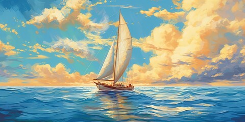 The sailboat in the sea against summer sky with big clouds, illustration painting - obrazy, fototapety, plakaty