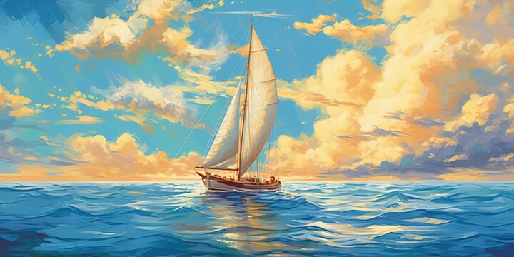 The sailboat in the sea against summer sky with big clouds, illustration painting