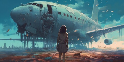 Travel girl looking at a surreal broken plane in the sky, digital art style