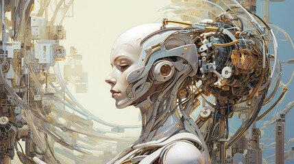 Young female humanoid head is connected to a super computer, symbolizing artificial intelligence. Futuristic illustration of the relationship between humans and neural networks. Copy space