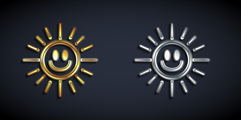 Gold and silver Sun icon isolated on black background. Long shadow style. Vector