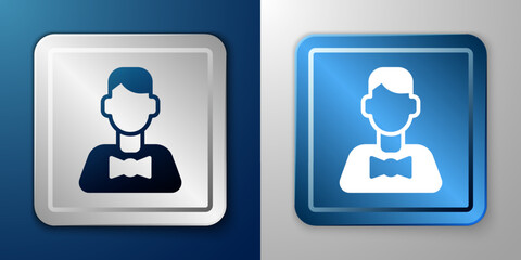 White Casino dealer icon isolated on blue and grey background. Casino croupier. Silver and blue square button. Vector