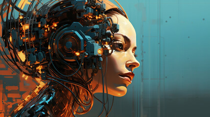 Young female humanoid head is connected to a super computer, symbolizing artificial intelligence. Futuristic illustration of the relationship between humans and neural networks. Copy space