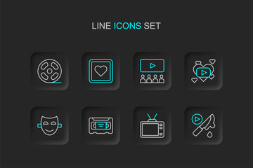 Set line Thriller movie, Retro tv, VHS video cassette tape, Comedy theatrical mask, Romantic, Cinema auditorium with screen, Like heart and Film reel icon. Vector