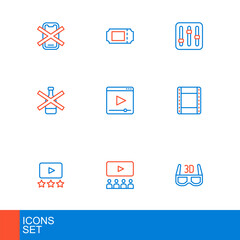 Set line 3D cinema glasses, Cinema auditorium with screen, Rating movie, Play video, No alcohol, Online play, Sound mixer controller and ticket icon. Vector