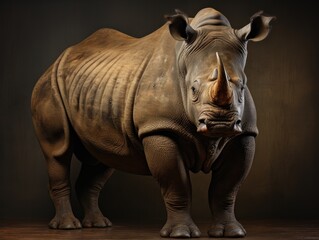 Obraz premium White rhinoceros standing on sand and looking at camera.