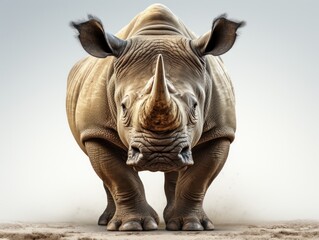 Fototapeta premium White rhinoceros standing on sand and looking at camera.