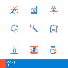 Set line Jar of honey, Stop bee, Burning candle, Hive for bees, Honeycomb, dipper stick, Bee and extractor icon. Vector
