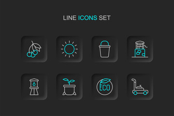 Set line Lawn mower, Eco healthy food, Plant in pot, Water tower, Well, Bucket, Sun and Fresh berries icon. Vector