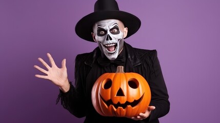 Man in Halloween costume. Skeleton in black cloak and top hat standing isolated on light purple background, holding orange jack o lantern and looking at camera with funny surprised face expression