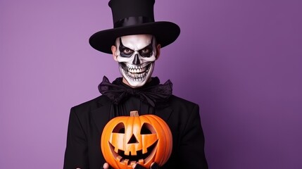 Man in Halloween costume. Skeleton in black cloak and top hat standing isolated on light purple...