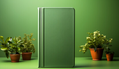 Green book isolated on green background. Back to school concept. AI generated